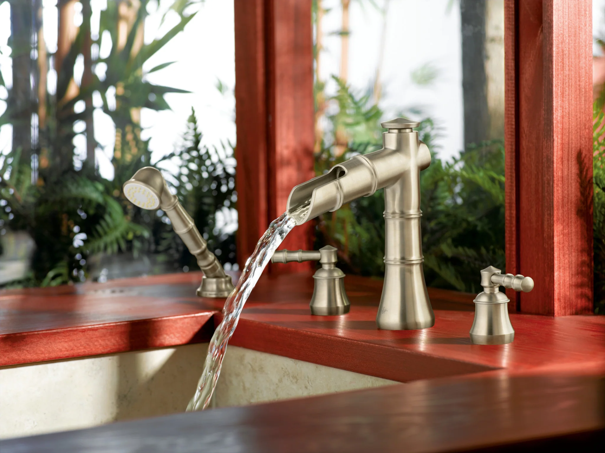 8916-Bamboo-Brushed-nickel-two-handle-open-waterway-roman-tub-faucet-includes-hand-shower-3.webp Bamboo Brushed nickel two-handle open waterway roman tub faucet includes hand shower